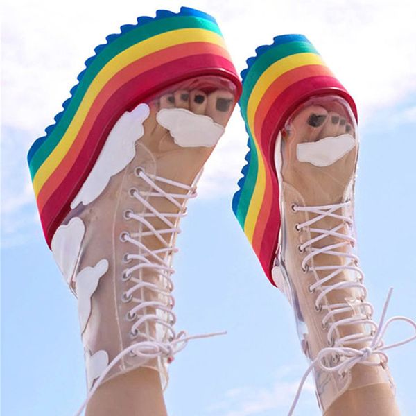 

2020 rainbow ankle boots high platform heels short boots nightclub cake bottom ladies shoes thick sole transparent pvc booties c0202, Black