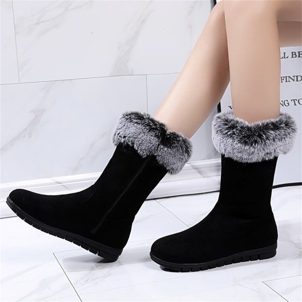 

faux fur snow boots women thicken long plush warm winter shoes woman comfortable flat heels suede ankle boots 2021 botas, Black;white