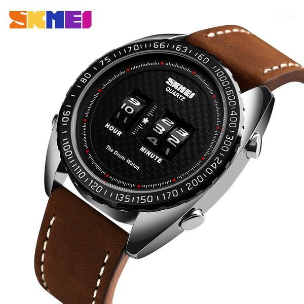 

wristwatches mens watches outdoor drum casual digital waterproof sports men leather strap relogio masculino brand skmei1, Slivery;brown