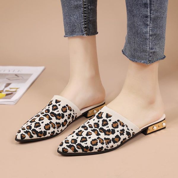 

slippers knitting pointed toe fashion women female half slides comfort low-heeled leopard print mules casual slipper shoes, Black