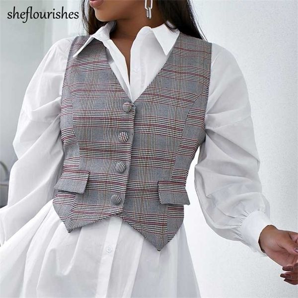 

vintage vest women plaid jacket sleeveless elegant single breasted v neck korean cardigan 211220, Black;white