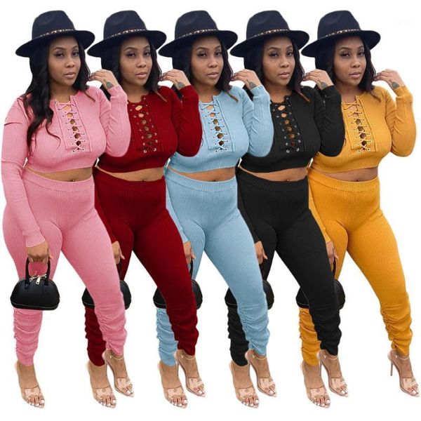 

xt136streetwear women's set knitted ribbed lace up crop jogger pants set active tracksuit two piece matching fitness outfit1, Gray