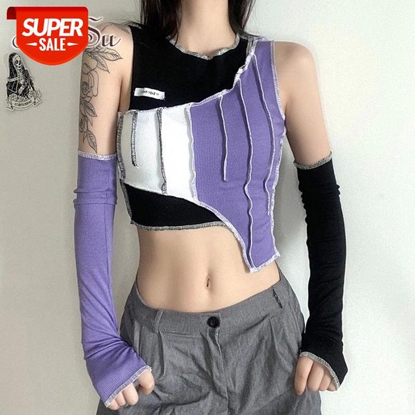 

artsu women patchwork knitted t-shirt with sleeve casual crop korean style streetwear fall basic tee shirt women ts52422 #2e3r, White