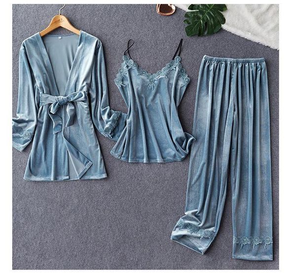 

Autumn New 3PCS Sleepwear Velour Nightwear Women Nightgown Pajamas Sexy Pyjamas Lace Patchwork Kimono Gown Soft Home Clothes, Burgundy 1