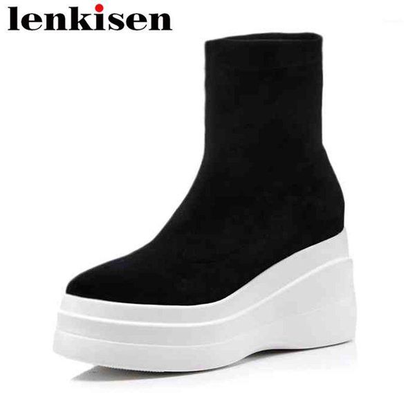 

boots lenkisen platform super high bottom keep warm round toe slip on causal shoes solid feature autumn winter ankle stretch l381, Black