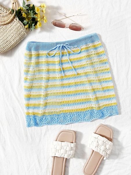 

striped drawstring cover up skirt f6l8#, White;black