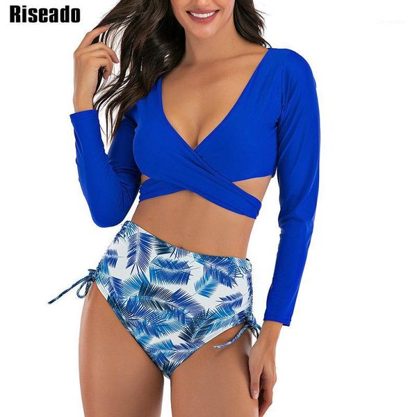 

riseado high waist bikinis set swimwear women cross wrap swimsuits long sleeve leaf print bathing suits 2020 beach wear1, White;black