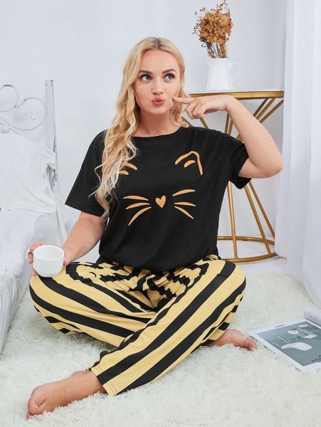 

plus cartoon graphic tee & striped pants n8zk#, Black;white