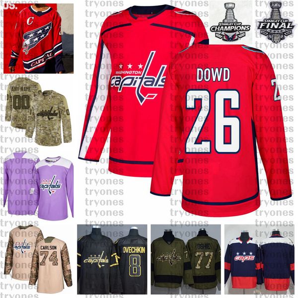 

2021 reverse retro customize 26 nic dowd washington capitals champions hockey jersey golden edition camo veterans day fights cancer shirt, Black;red