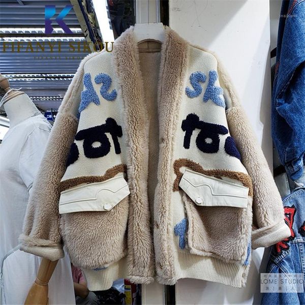 

herstory faux fur coat women thick warm faux lamb fur jacket big pocket fashion v-neck loose teddy coat female lambswool jackets1, Black