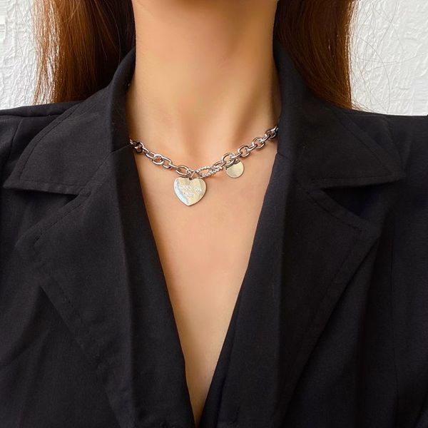 

chokers vogallery silver color heart pendant necklaces women fashion punk thick neck chains rock hip hop letter jewelry accessories, Golden;silver