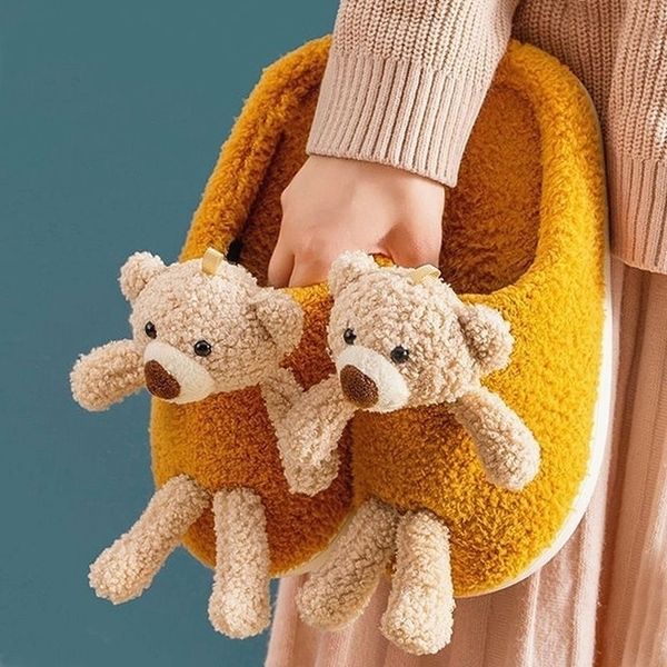 

cartoon 3d bear women fluffy slippers lovely winter warm fur shoes men couples thick sole home indoor boys girl zapatillas mujer y201026, Black