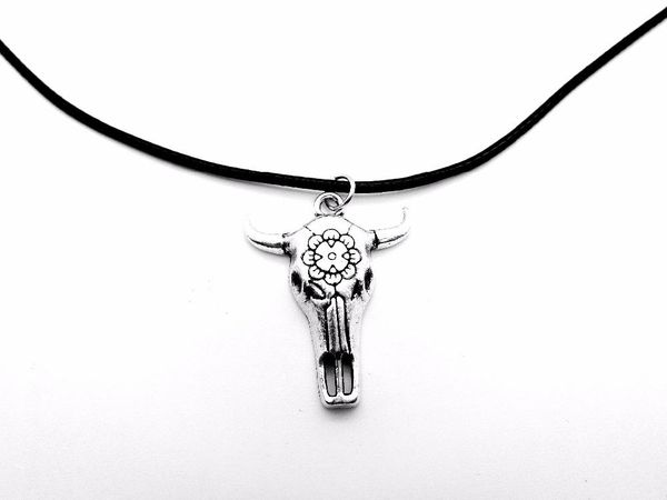 

pendant necklaces vikings skeleton helm necklace charm animal ox cow cattle leather rope for women female, Silver
