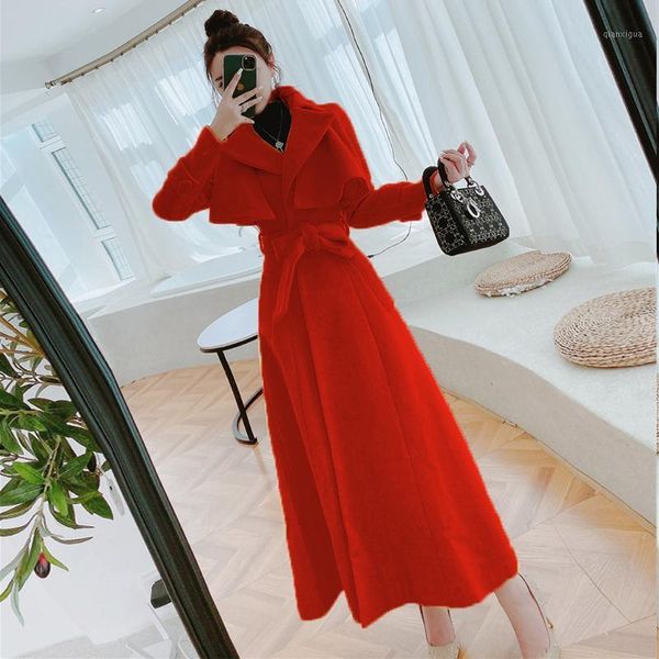 

deivor 2020 winter woolen overcoat women's new mid long over the knee closed waist woolen overcoat1, Black