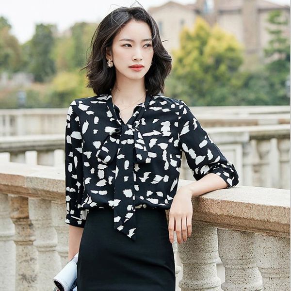 

2021 female chiffon medium sleeve white printing tie ribbon lace shirt qijp