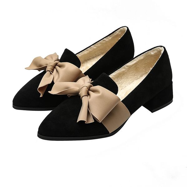 

2021 new winter of velvet thick warm bows suede toe pointing high-style robust-heels heels shoes at night lklv, Black