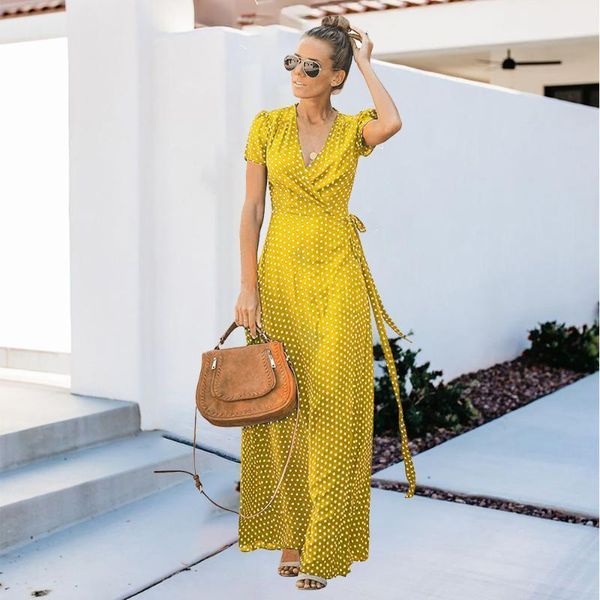 

v neck bohemian maxi party dresses for women polka dot casual summer beach dresses short sleeve with belt vestidos1, Black;gray