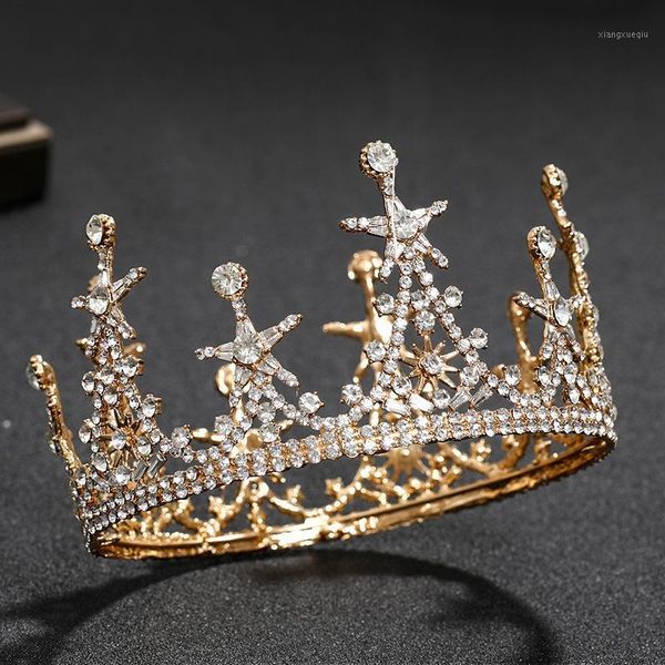 Зажимы для волос Barnettes Vintage Star Crystal Crystal Round Crown Женщины Bridal Tiaras Rhinestone Золотой Цвет Диадема Свадебные аксессуары Мода JE