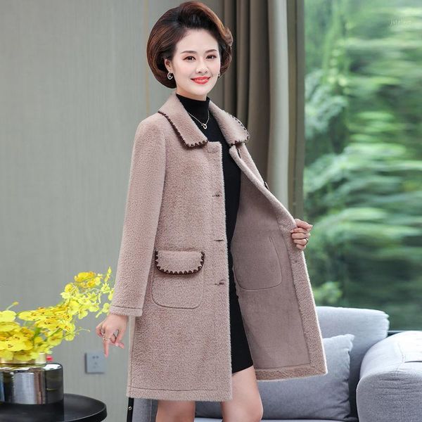 

2021 autumn winter middle-aged women faux fur coat female long sleeve plus size fake coats mom's overcoat outwear s6721, Black