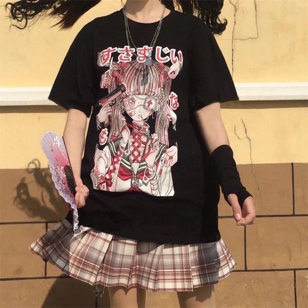 

summer female loose women t-shirt punk dark grunge streetwear ladies ulzzang anime cartoon kawaii vintage harajuku clothes, White