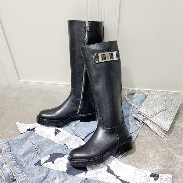 

2020 new metal buckle high martin boots, but knee boots, leather, thick heels, all kinds of knight boots, Black