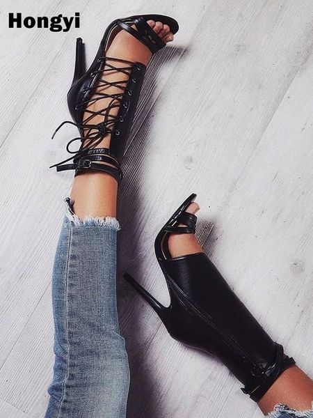 

new women sandals open toe cross strap lace up cutout caged ankle boots woman gladiator roman sandals high heels, Black
