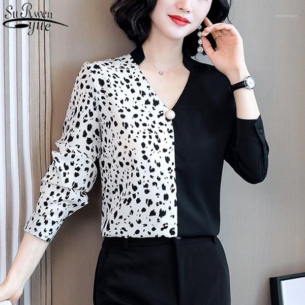 

fashion women's blouse satin korean contrasting color silk shirt 2020 autumn long sleeve v-neck clothes ropa de mujer 111091, White