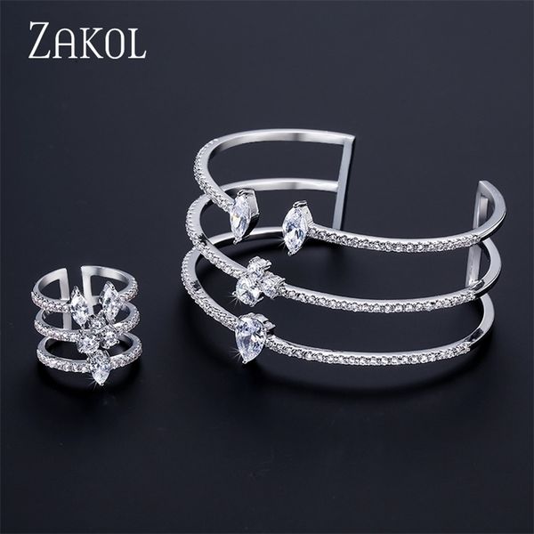 

zakol luxury round shape exquisite micro pave cuff bracelets bangle & open ring set for women men jewelry bijoux fssp394 201222, Slivery;crystal