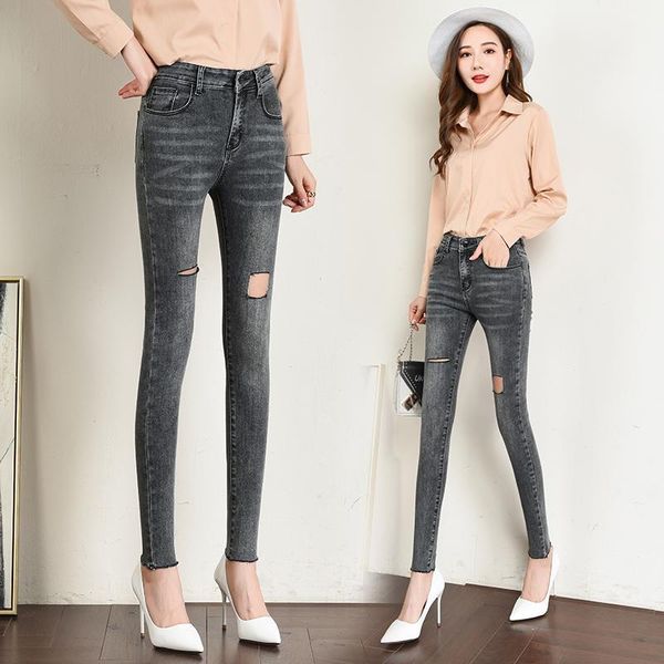 

spring and autumn new casual denim ripped jeans women high waist tight skinny pencil hole long pants women black gray1, Blue