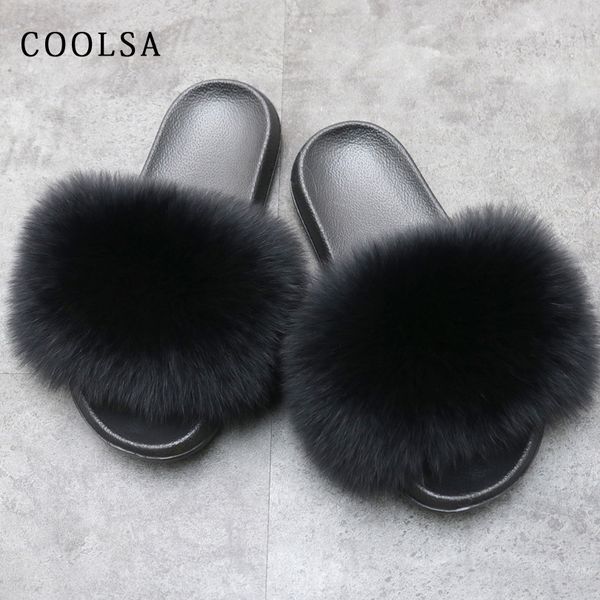 

summer women fur sandals real fox fur slippers female furry solid indoor flip flops casual beach sandals soft fluffy fur slides y200706, Black