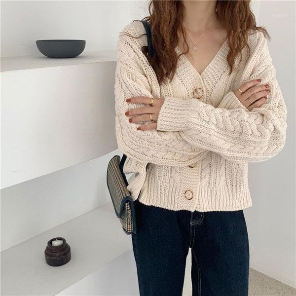 

autumn v-neck long sleeve cardigan sweater women's korean chic solid color retro twisted all match office lady1, White