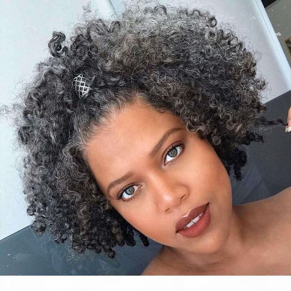 

fashion salt and pepper puff grey ponytails hair extension real hair shake and go gray kinky curly puff bun updo human hair ponytail, Black