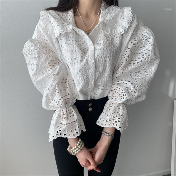 

autumn ruffle hollow out lace shirts women casual turn-down collar single breasted femme blusas puss sleeve vintage blouse 20211, White