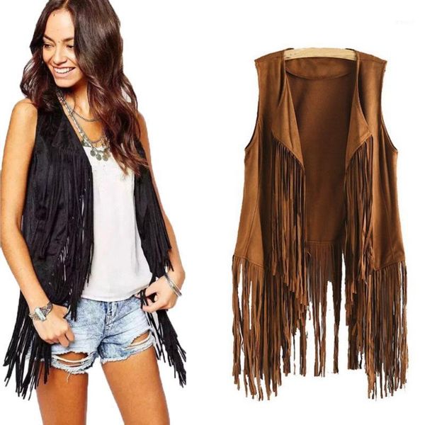 

30h women autumn winter suede ethnic sleeveless tassels cardigan suedette sleeveless tassel fringed jacket femme1, Black;brown