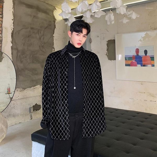 

men velvet shining plaid loose casual long sleeve shirt male women streetwear fashion hip hop shirt style coat1, White;black
