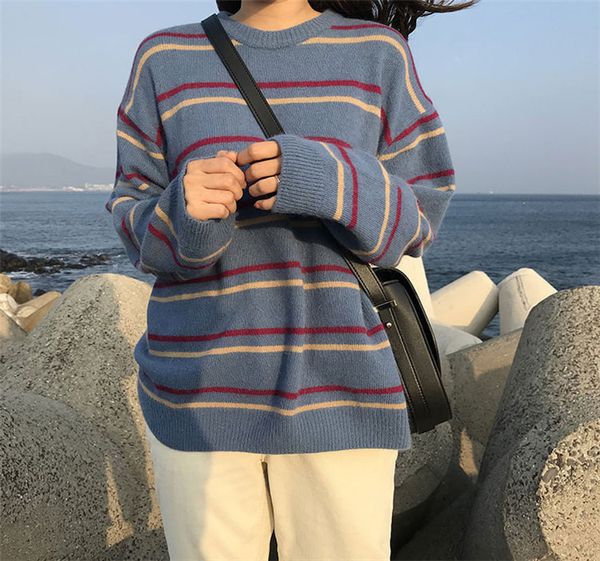 

harajuku knitted loose outwear pullovers women sweaters chic daily soft autumn o-neck sweet student striped clothes h1211, White;black