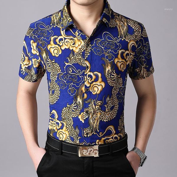 

men's 2020 new summer casual slim fit short sleeve hawaiian men dragon print shirt -4xl1, White;black