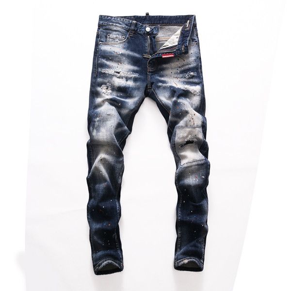 

brands slim fit motorcycle for men embroidery pants fashion skinny ripped destroyed stretch slim fit men and women straight baggy denim, Blue