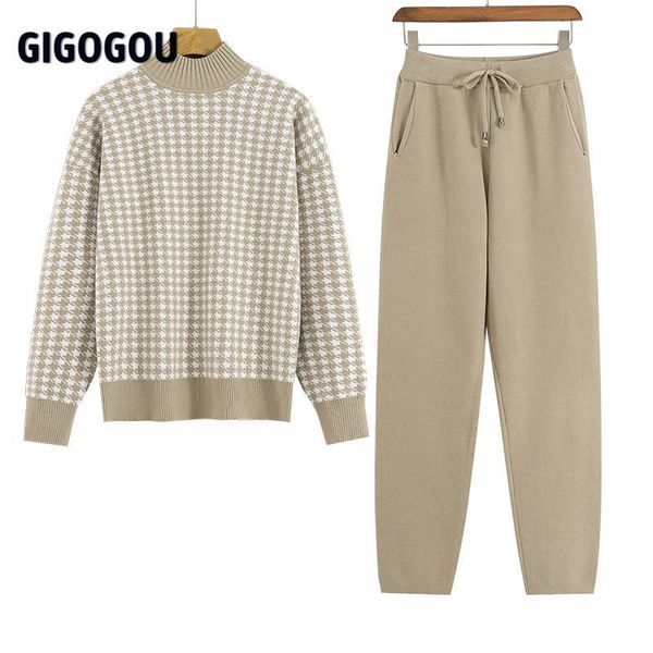 

gigogou houndstooth knit women sweater costume thick turtleneck winter oversized casual loose pullover sweaters 2 pieces sets q1215, White;black