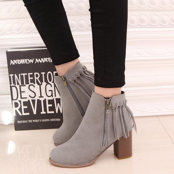 

pointed toe fringe tassel mid heel short ankle boots women shoes, Black