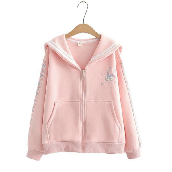 

pink fleece women zipper jacket cartoon embroidery cute coat 2021 winter full sleeve turndown collar sweet style ladies outwears, Black;brown
