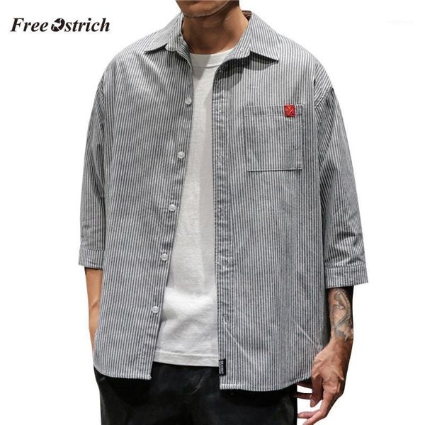 

ostrich men's stripeed comfortable three quarter sleeve shirt single breasted turn-down collar blouse camisa de hombre1, White;black