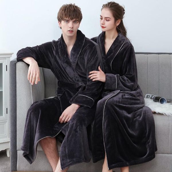 

plus size 3xl men robe winter flannel soft kimono gown lovers ultra large long bathrobe nightwear thick warm women sleepwear, Black;brown