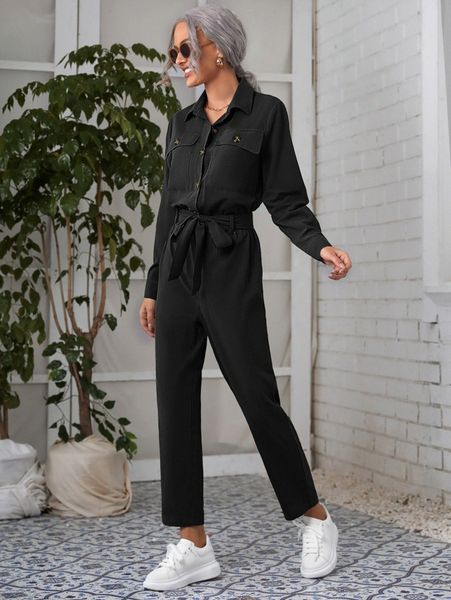 

flap pocket belted shirt jumpsuit h6ug#, White