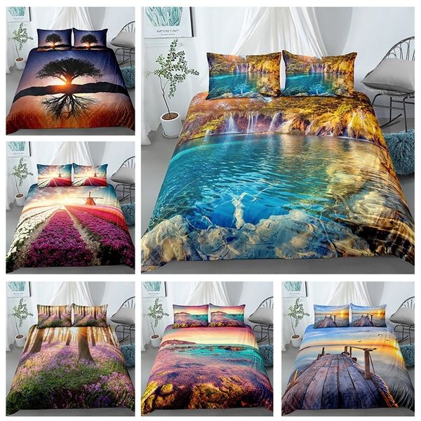 Vendedor quente 3d cenário flor de flor impresso três-peça terno paisagem conjuntos de cama decoração de casa capa de edredão travesseiro 201127