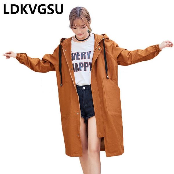 

2020 spring autumn new thick windbreaker long section korean female loose large size hooded casual cotton trench coat is1747, Tan;black