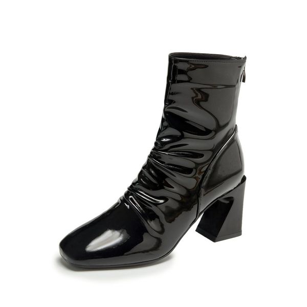 

2021 the new leather ankle boots dwaterproof water for women fashion square toe weird high heels woman elegant shoes 9hpk, Black