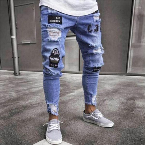 

men's jeans men's wear-resistant biker embroidered skinny fashion hole street four seasons general motorcycle pants1, Blue