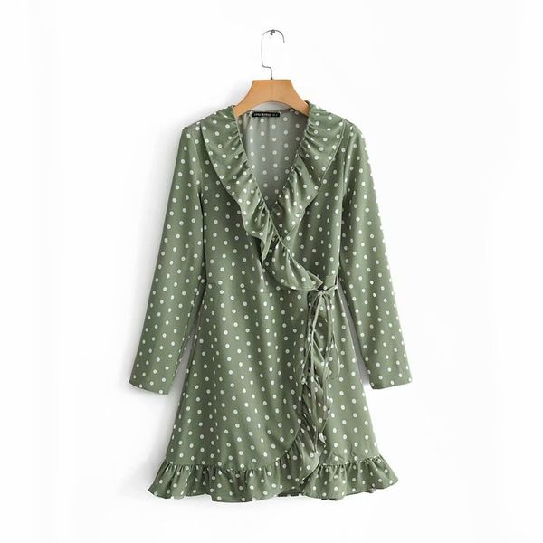

19 summer new style, versatile, and slim dress v-neck ruffled polka dot wrap skirt, Black;gray
