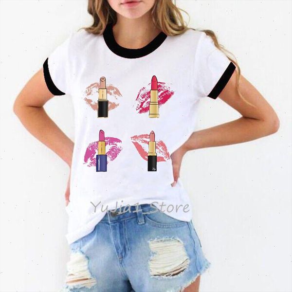 

women t shirt lips lipsticks print funny shirt hipster vogue tee shirt femme kawaii clothes custom tshirt ringer tee, White